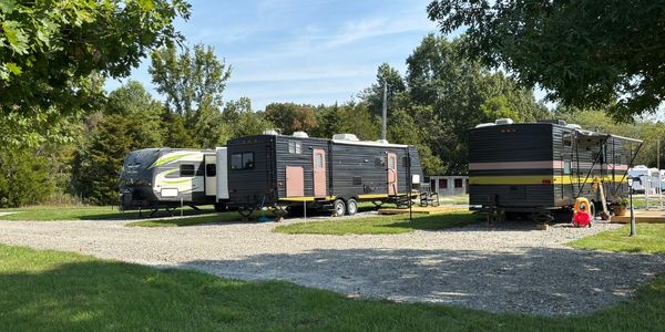 Travel trailer parked at campground
